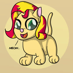 Size: 1280x1280 | Tagged: safe, artist:saburodaimando, imported from derpibooru, sunset shimmer, cat, atg 2020, catified, cute, female, kitten, meow, newbie artist training grounds, nyanset shimmer, onomatopoeia, open mouth, open smile, shimmerbetes, simple background, smiling, solo, species swap, yellow background, younger