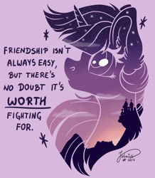 Size: 1920x2200 | Tagged: safe, artist:julunis14, imported from derpibooru, twilight sparkle, alicorn, pony, canterlot, canterlot castle, female, friendship, inspirational, mare, purple background, silhouette, simple background, solo, stylized, text, twilight sparkle (alicorn)