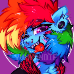 Size: 3500x3500 | Tagged: safe, artist:yumkandie, imported from derpibooru, rainbow dash, pegasus, pony, bandage, braces, bust, cheek fluff, chest fluff, clothes, drool, ear fluff, high res, hoodie, nose piercing, one eye closed, piercing, portrait, scar, septum piercing, solo, tongue out, tongue piercing, watermark, wingding eyes, wink