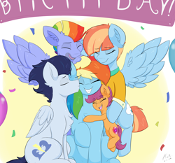 Size: 3000x2800 | Tagged: safe, artist:astrum, imported from derpibooru, bow hothoof, rainbow dash, scootaloo, soarin', windy whistles, pegasus, pony, abstract background, balloon, birthday, birthday party, cheek kiss, chest fluff, clothes, confetti, cuddling, cute, cutealoo, dashabetes, digital art, eyes closed, family, family photo, father and child, father and daughter, father and mother, female, flying, grin, group hug, group photo, group shot, happy, high res, hug, kissing, male, mare, mother and child, mother and daughter, noogie, open mouth, open smile, party, rainbow dash day, scootalove, shipping, sitting, smiling, soarindash, spread wings, stallion, straight, unshorn fetlocks, wholesome, wings