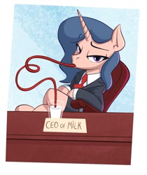 Size: 1452x1729 | Tagged: safe, artist:anontheanon, imported from twibooru, oc, oc:cans churner, pony, unicorn, business suit, chair, clothes, crazy straw, desk, drink, drinking, female, image, implied breast milk, looking at you, mare, milk, needs more jpeg, office chair, sitting, solo, suit