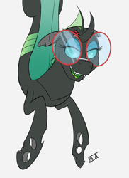 Size: 4000x5500 | Tagged: safe, artist:evan555alpha, imported from ponybooru, oc, oc only, oc:yvette (evan555alpha), changeling, insect, ladybug, broach, changeling oc, colored sketch, dorsal fin, evan's daily buggo ii, eyeshadow, fangs, female, flexible, glasses, green tongue, hanging, lidded eyes, looking at you, looking down, looking down at you, makeup, open mouth, open smile, round glasses, signature, simple background, sketch, smiling, solo, tongue out, white background