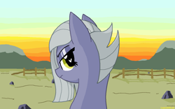 Size: 1136x709 | Tagged: safe, artist:legendoflink, imported from derpibooru, limestone pie, pony, angry, bust, female, heart, heart eyes, looking at you, looking back, mare, ms paint, outdoors, rock farm, solo, sunrise, wingding eyes