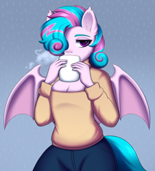 Size: 2046x2268 | Tagged: safe, artist:alunedoodle, imported from derpibooru, oc, oc only, oc:sweetie swirl, anthro, bat pony, bat pony oc, clothes, coffee, cup, femboy, male, mug, relaxed, solo, sweater, two toned mane