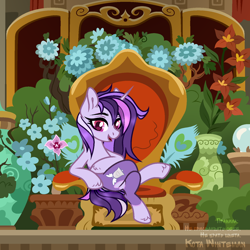 Size: 1500x1500 | Tagged: safe, artist:pritonhells, imported from derpibooru, oc, oc only, oc:dreaming bell, unicorn, base used, chair, commission, cute, fancy, female, heart butt marking, horn, mare, ocbetes, plants, room, show accurate, solo, throne, two toned coat, unicorn oc, ych result