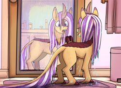 Size: 2160x1584 | Tagged: safe, artist:gingersnap913, imported from derpibooru, oc, oc only, oc:lotus cinder, kirin, fanfic:words of power, concave belly, female, human to kirin, human to pony, male to female, mare, mirror, post-transformation, rule 63, solo, transformation, transgender transformation, wet, wet mane