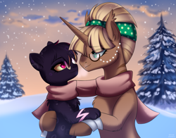 Size: 1859x1461 | Tagged: safe, artist:alunedoodle, imported from derpibooru, oc, cat, cat pony, original species, pony, unicorn, clothes, couple, forest, glasses, holding hooves, looking at each other, looking at someone, monocle, scarf, shared clothing, shared scarf, smiling, smiling at each other, snow, snowfall, tree, winter