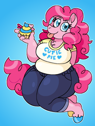 Size: 900x1200 | Tagged: safe, artist:krisispiss, imported from derpibooru, pinkie pie, anthro, earth pony, unguligrade anthro, arm behind back, bbw, breasts, busty pinkie pie, chest fluff, chubby, clothes, colored hooves, cupcake, fat, female, food, g4, gradient background, looking at you, mare, pudgy pie, shirt, smiling, solo, tail, text on clothing, text on shirt, thighs, thunder thighs, tongue out, unshorn fetlocks