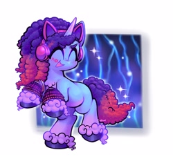 Size: 2048x1886 | Tagged: safe, artist:sidruni, imported from derpibooru, pony, unicorn, alternate mane color, cornrows, cute, dancing, eyes closed, eyeshadow, freckles, g5, headphones, makeup, misty brightdawn, mistybetes, simple background, solo, sparkles, toy interpretation, unshorn fetlocks, white background