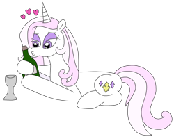 Size: 2831x2260 | Tagged: safe, artist:supahdonarudo, imported from derpibooru, fleur-de-lis, pony, unicorn, alcohol, bottle, eyeshadow, female, glass, heart, high res, holding, lying down, makeup, mare, prone, simple background, solo, transparent background, wine, wine bottle, wine glass