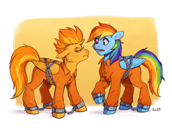 Size: 5000x3935 | Tagged: safe, artist:birdoffnorth, imported from derpibooru, rainbow dash, spitfire, bound wings, chained, chains, clothes, commissioner:rainbowdash69, cuffed, cuffs, duo, grumpy, jumpsuit, never doubt rainbowdash69's involvement, prison outfit, prisoner, prisoner rd, shackles, shocked, spitfire is not amused, unamused, wings