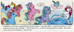 Size: 1100x470 | Tagged: artist needed, safe, imported from derpibooru, firefly, medley, pinwheel, sea mist, seashell (g1), sparkler (g1), earth pony, pegasus, pony, unicorn, comic:my little pony (g1), bow, bow tie (g1), dialogue, female, g1, group, hair bow, mare, official comic, scan, tail, tail bow, upscaled, where is seaspray?