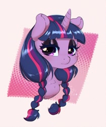 Size: 838x1000 | Tagged: safe, artist:inkypuso, imported from derpibooru, twilight sparkle, pony, unicorn, alternate hairstyle, braid, braided pigtails, bust, chest fluff, cute, eyeshadow, female, looking at you, makeup, mare, pigtails, solo, twiabetes, wednesday addams, wednesday sparkle