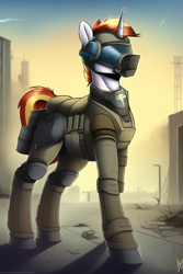 Size: 512x768 | Tagged: safe, editor:flitter4935, imported from derpibooru, oc, oc only, pony, unicorn, ai content, ai generated, armor, armored pony, generator:novelai, generator:stable diffusion, helmet, male, post-apocalyptic, solo, sternocleidomastoid