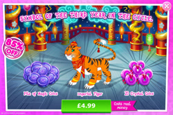 Size: 1961x1302 | Tagged: safe, imported from derpibooru, big cat, tiger, advertisement, clothes, costs real money, english, gameloft, hat, lunar new year, magic coins, mobile game, my little pony: magic princess, numbers, official, sale, scarf, solo, solo focus, text, whiskers