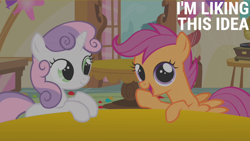 Size: 2000x1125 | Tagged: safe, edit, edited screencap, editor:quoterific, imported from derpibooru, screencap, scootaloo, sweetie belle, pegasus, pony, unicorn, call of the cutie, balloon, duo, duo female, female, filly, foal, open mouth, open smile, phonograph, raised hoof, smiling, spread wings, table, wings