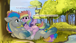 Size: 2136x1218 | Tagged: safe, artist:little-sketches, imported from derpibooru, oc, oc only, oc:aurora codec, oc:pixel codec, pegasus, pony, chest fluff, commission, cute, dialogue, father and child, father and daughter, female, filly, foal, gradient hooves, happy, lying down, male, multicolored hair, not rainbow dash, on back, pegasus oc, rainbow hair, stallion