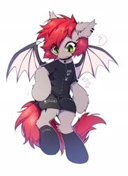 Size: 1499x2048 | Tagged: safe, artist:swaybat, imported from derpibooru, oc, oc only, oc:swaybat, bat pony, pony, bat pony oc, bat wings, blushing, clothes, eye clipping through hair, eyebrows, eyebrows visible through hair, female, open mouth, question mark, simple background, solo, spread wings, white background, wings