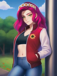 Size: 1020x1360 | Tagged: safe, derpibooru exclusive, editor:sammykun, imported from derpibooru, gloriosa daisy, human, equestria girls, ai assisted, ai content, beautiful, beautiful eyes, beautiful hair, belly button, breasts, cleavage, clothes, colored pupils, column, cute, denim, female, generator:novelai, generator:stable diffusion, green eyes, humanized, jacket, jeans, looking at you, midriff, pants, pockets, red hair, reference used, smiling, solo, varsity jacket