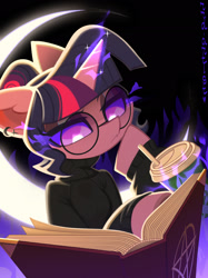 Size: 1521x2032 | Tagged: safe, artist:rrd-artist, imported from derpibooru, twilight sparkle, book, clothes, dark magic, drink, glasses, glowing, glowing eyes, glowing horn, horn, magic