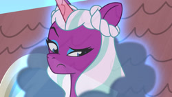Size: 3072x1727 | Tagged: safe, imported from derpibooru, screencap, opaline arcana, alicorn, pony, spoiler:g5, spoiler:my little pony: tell your tale, spoiler:tyts01e45, eyebrows, female, frown, g5, mare, my little pony: tell your tale, ponykind parade-emonium, raised eyebrow, solo
