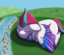 Size: 1800x1550 | Tagged: safe, artist:the crystal artist, derpibooru exclusive, imported from derpibooru, zipp storm, pegasus, pony, adorazipp, creek, cute, female, floppy ears, g5, grass, hill, lineless, lying down, mare, relaxing, sand, shading, shading practice, shadow, sleeping, smiling, solo, spread wings, stone, unshorn fetlocks, water, wings