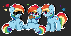 Size: 8300x4200 | Tagged: safe, artist:kittyrosie, imported from derpibooru, rainbow dash, pegasus, pony, absurd resolution, belly, cookie, cute, dashabetes, food, gray background, simple background, solo, sunglasses