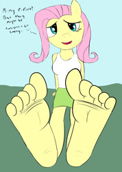 Size: 1280x1802 | Tagged: safe, artist:weirdo6264, imported from derpibooru, fluttershy, anthro, plantigrade anthro, barefoot, clothes, equestria girls outfit, feet, female, fetish, foot fetish, foot focus, soles, solo, toes