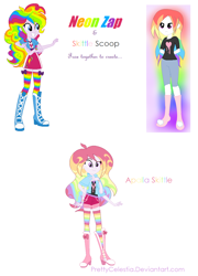 Size: 904x1254 | Tagged: safe, artist:prettycelestia, imported from derpibooru, pinkie pie, rainbow dash, oc, oc:apalla skittle, oc:neon zap, oc:skittle scoop, equestria girls, belt buckle, boots, bracelet, clothes, fusion, fusion:pinkie pie, fusion:pinkiedash, fusion:rainbow dash, high heel boots, jewelry, multicolored hair, multiple arms, purple eyes, rainbow hair, shoes, shorts, simple background, stockings, thigh highs, white background