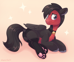 Size: 2043x1726 | Tagged: safe, artist:skysorbett, imported from derpibooru, oc, oc only, pegasus, pony, bell, bell collar, blushing, butt, cat paws, cat socks, clothes, collar, colt, foal, looking at you, male, panties, paw pads, paw socks, pegasus oc, plot, red and black oc, simple background, socks, solo, sparkles, two toned coat, underwear