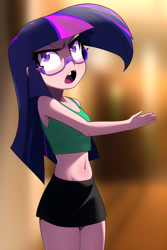 Size: 2048x3072 | Tagged: safe, imported from derpibooru, sci-twi, twilight sparkle, human, equestria girls, ai content, ai generated, bare shoulders, belly, belly button, clothes, denim, female, generator:novelai, generator:stable diffusion, glasses, humanized, midriff, serious, sexy, shirt, skirt, sleeveless, slim, solo, tanktop, thin