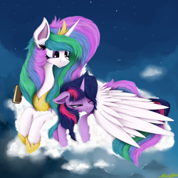 Size: 4000x4000 | Tagged: safe, artist:ser-p, imported from derpibooru, princess celestia, twilight sparkle, alicorn, pony, absurd resolution, book, cloud, crown, cuddling, duo, female, floppy ears, horn, huge, jewelry, large wings, lidded eyes, lying down, mare, momlestia, prone, regalia, spread wings, twilight sparkle (alicorn), wings