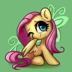 Size: 1000x1000 | Tagged: safe, artist:brella, imported from derpibooru, fluttershy, pegasus, pony, cute, daaaaaaaaaaaw, green background, one eye closed, shyabetes, simple background, solo