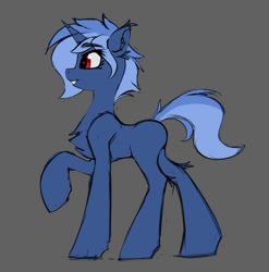 Size: 848x859 | Tagged: safe, artist:capseys, imported from derpibooru, oc, oc only, oc:eclarix, pony, unicorn, blank flank, chest fluff, colored, concave belly, ear fluff, explicit source, eye clipping through hair, eyebrows, eyebrows visible through hair, female, gray background, grin, horn, looking forward, raised hoof, red eyes, side view, simple background, sketch, slim, smiling, solo, standing, thin, unicorn oc