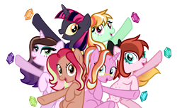 Size: 1396x850 | Tagged: safe, artist:chailicorice, imported from derpibooru, luster dawn, oc, oc:hopeful justice, oc:pink lady lullaby, oc:rhubarb funfetti, oc:rural beauty, oc:vivianite, earth pony, pegasus, pony, unicorn, alternate mane six, base used, element of generosity, element of honesty, element of kindness, element of laughter, element of loyalty, element of magic, elements of harmony, female, magical lesbian spawn, mare, offspring, parent:applejack, parent:big macintosh, parent:cheese sandwich, parent:coloratura, parent:fancypants, parent:fluttershy, parent:king sombra, parent:orchard blossom, parent:pinkie pie, parent:rainbow dash, parent:rarity, parent:starlight glimmer, parent:twilight sparkle, parents:cheesepie, parents:fluttermac, parents:glimmerdash, parents:rarajack, parents:raripants, parents:twibra, simple background, transparent background