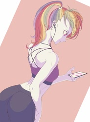 Size: 902x1224 | Tagged: safe, artist:doktor-d, imported from derpibooru, rainbow dash, human, equestria girls, ass, bare shoulders, butt, cellphone, earbuds, female, midriff, phone, ponytail, rainbutt dash, sleeveless, smartphone, solo, tomboy