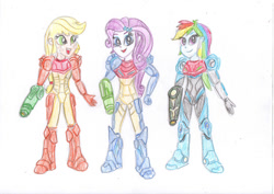 Size: 1063x752 | Tagged: safe, artist:rami-yt, imported from derpibooru, applejack, rainbow dash, rarity, human, equestria girls, arm cannon, armor, female, metroid, metroid dread, power suit, powersuit, simple background, traditional art, trio, trio female, white background