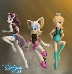 Size: 800x827 | Tagged: safe, artist:xravenghostx, imported from derpibooru, rarity, anthro, bat, human, unicorn, breasts, clothes, female, floating, flying, jetpack, leotard, princess rosalina, rosalina, rouge the bat, shading, smiling, sonic the hedgehog (series), super mario bros., trio, trio female