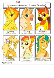 Size: 1423x2048 | Tagged: safe, artist:mscolorsplash, imported from derpibooru, hitch trailblazer, spitfire, earth pony, pegasus, pony, ponyta, six fanarts, animal crossing, barbie, bust, crossover, female, flower, flower in hair, g5, grin, male, mare, open mouth, pokémon, smiling, stallion, strawberry shortcake, yellow