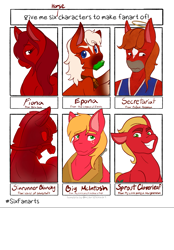 Size: 1423x2048 | Tagged: safe, artist:mscolorsplash, imported from derpibooru, big macintosh, sprout cloverleaf, anthro, earth pony, horse, pony, six fanarts, bella sara, bojack horseman, bust, crossover, epona, female, g5, gem, grin, halo, male, mare, open mouth, red, secretariat, smiling, stallion, the legend of zelda, warcraft, world of warcraft