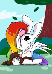 Size: 1423x2048 | Tagged: safe, artist:mscolorsplash, imported from derpibooru, oc, oc only, oc:color splash, pegasus, pony, anatomically incorrect, bow, butt, crash, female, incorrect leg anatomy, leaves, mare, plot, rainbow tail, solo, tail, tail bow