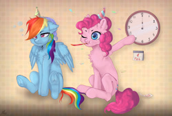 Size: 2804x1896 | Tagged: safe, artist:hotcurrykatsu, imported from derpibooru, pinkie pie, rainbow dash, earth pony, pegasus, birthday, calendar, chest fluff, clock, ear fluff, hat, party hat, party horn