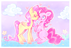 Size: 2350x1588 | Tagged: safe, artist:veianaan, imported from derpibooru, fluttershy, pinkie pie, earth pony, pegasus, pony, cheek kiss, cloud, cute, diapinkes, duo, duo female, eyes closed, female, floating heart, flower, flutterpie, grass, heart, kissing, lesbian, mare, one eye closed, shipping, shyabetes, sitting, sitting up, smiling