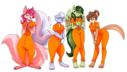 Size: 4698x2672 | Tagged: safe, artist:rick-elfen, imported from derpibooru, oc, oc only, oc:eden shallowleaf, anthro, fox, otter, pegasus, skunk, bound wings, chained, chains, clothes, commission, cuffed, cuffs, female, furry, jumpsuit, never doubt rainbowdash69's involvement, pegasus oc, prison outfit, simple background, transparent background, varying degrees of want, wings