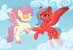 Size: 1000x684 | Tagged: safe, artist:gaffy, artist:jennieoo, imported from derpibooru, oc, oc only, oc:gaffy, oc:gentle star, pegasus, pony, animated, cloud, collaboration, cute, duo, eyepatch, gift art, happy, hoofbump, ocbetes, sketch, sky, smiling, spread wings, wings