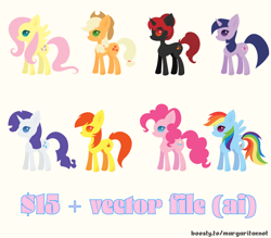 Size: 3196x2798 | Tagged: safe, artist:margaritaenot, imported from derpibooru, applejack, fluttershy, pinkie pie, rainbow dash, rarity, twilight sparkle, oc, pony, advertising, commission, mane six, sale, simple background, vector, white background