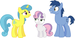 Size: 5819x3000 | Tagged: safe, artist:cloudy glow, imported from derpibooru, blues, lemon hearts, noteworthy, sweetie belle, earth pony, pony, unicorn, for whom the sweetie belle toils, female, filly, foal, male, mare, simple background, stallion, transparent background, trio, vector