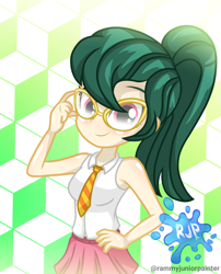 Size: 2015x2490 | Tagged: safe, artist:rjp.rammy, imported from derpibooru, oc, oc:kate patricia, human, equestria girls, bare shoulders, clothes, cute, female, glasses, necktie, ocbetes, shirt, skirt, sleeveless, solo