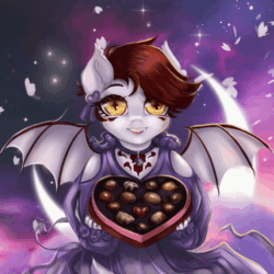 Size: 600x600 | Tagged: safe, artist:mdwines, imported from derpibooru, oc, anthro, bat pony, animated, big eyes, candy, chocolate, clothes, cute, dress, female, filly, foal, food, heart, hearts and hooves day, holiday, moon, purple background, romantic, solo, spread wings, valentine's day, wings, young