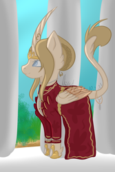 Size: 3600x5400 | Tagged: safe, artist:thecommandermiky, imported from derpibooru, oc, oc only, oc:artura, alicorn, alicorn oc, blue eyes, clothes, crown, dress, horn, jewelry, pillar, regalia, shoes, solo, tail, wings, yellow hair, yellow mane